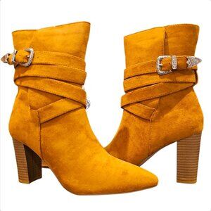 Mocha Faux Suede Ankle Boots With Stacked Heel & Decorative Buckle Strap Design